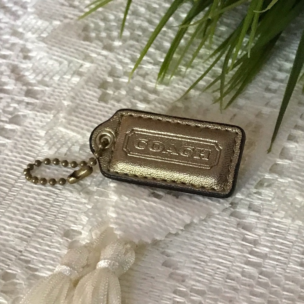 2” COACH Antique Gold Leather Hangtag Keychain FOB Bag Charm